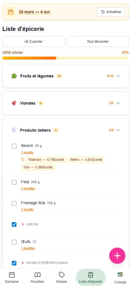 Liste d'épicerie triée par allée